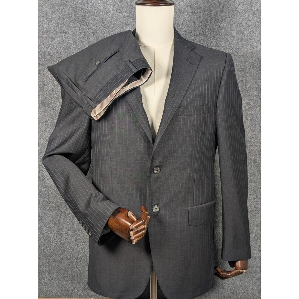 Samuelsohn Beckett‎ Suit Mens 40-34 Charcoal Striped Super 120's Wool Italy